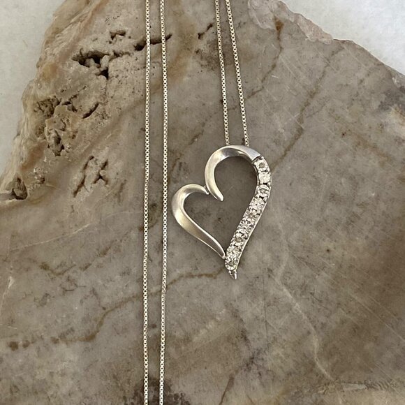 Sterling Silver 925 DJC 1" Diamond Open Heart Pendant Necklace 18" Box Chain - Picture 1 of 16